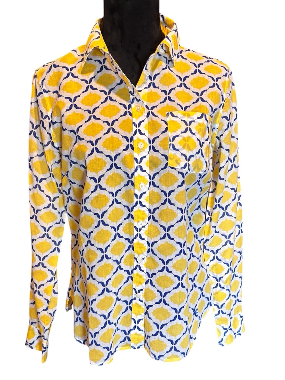 Talbots  Yellow & Blue Patterned Long-Sleeve Button Tab Shirt, 10P, Lightweight